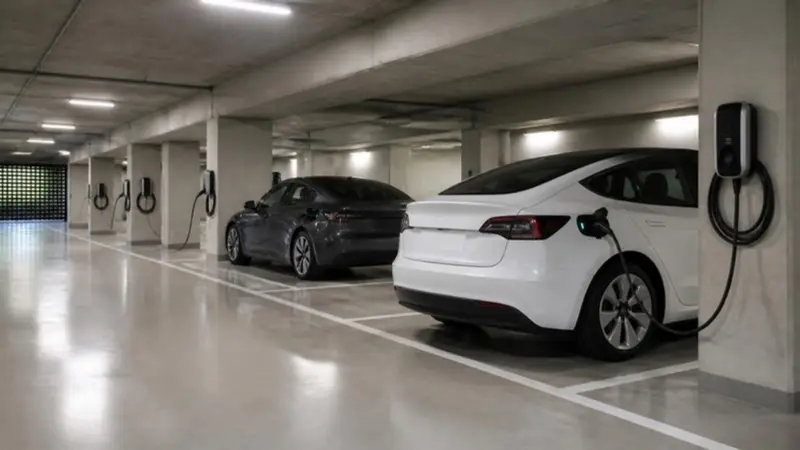 EV chargers at assigned spaces in an apartment parking garage