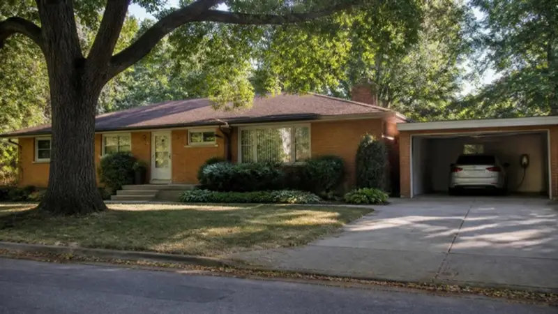 Brick ranch home with an electric car charging in the attached garage