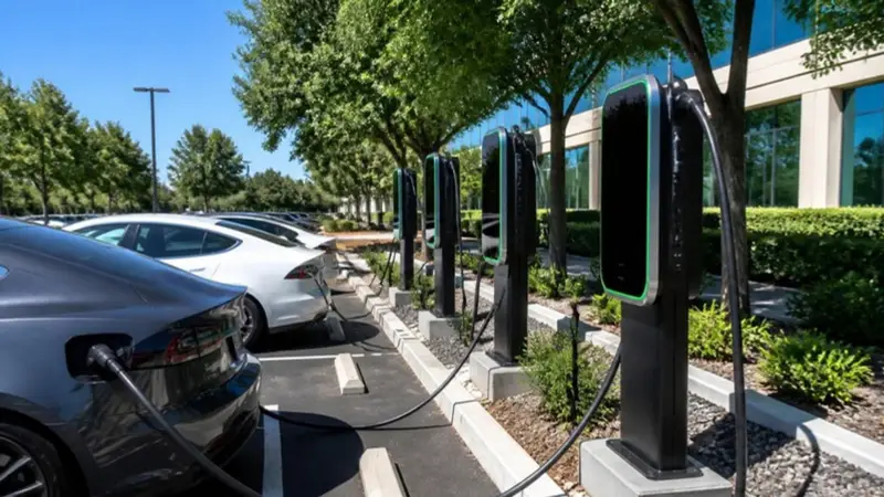 Row of pedestal Level 2 EV charging stations in an office parking lot