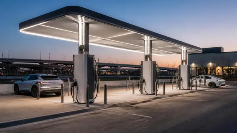 DC fast charging stations under a lit canopy at twilight