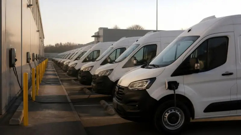 White electric cargo vans plugged into wall-mounted chargers at a depot