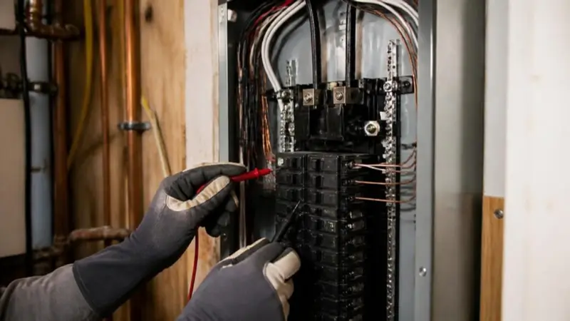 Electrician testing a residential breaker panel with a multimeter