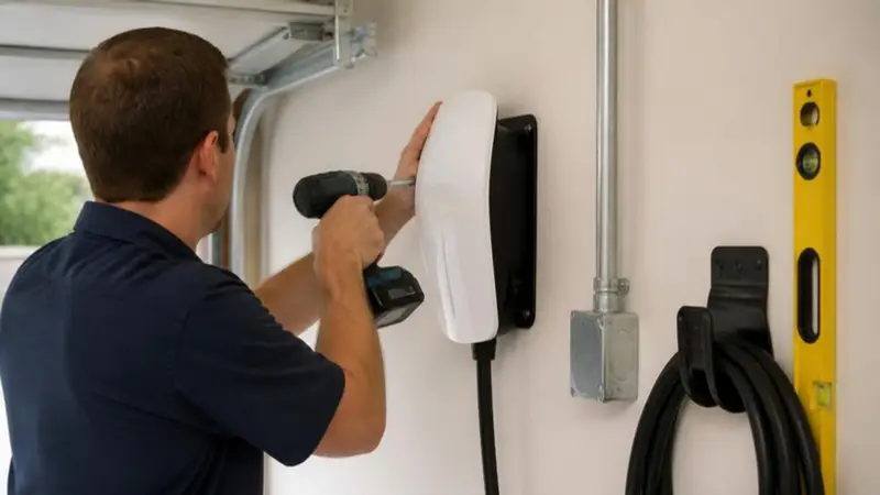 Electrician mounting a Level 2 EV charger on a garage wall