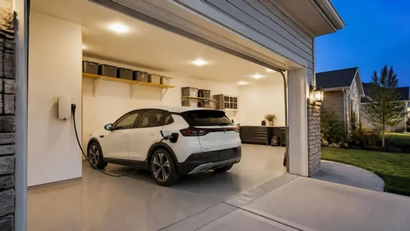 Level 2 EV charger mounted in an attached garage, charging a white electric SUV at dusk