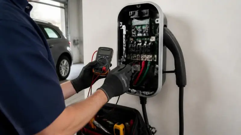 Technician testing an open wall-mounted EV charger with a multimeter
