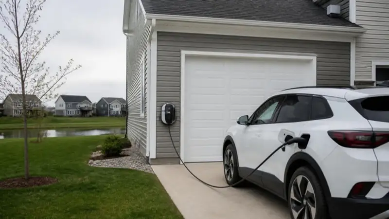 Exterior-mounted EV charger beside a garage, charging a car in the driveway