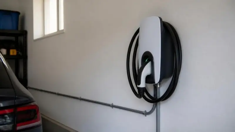 Hardwired Level 2 EV charger on a garage wall with conduit running into the unit