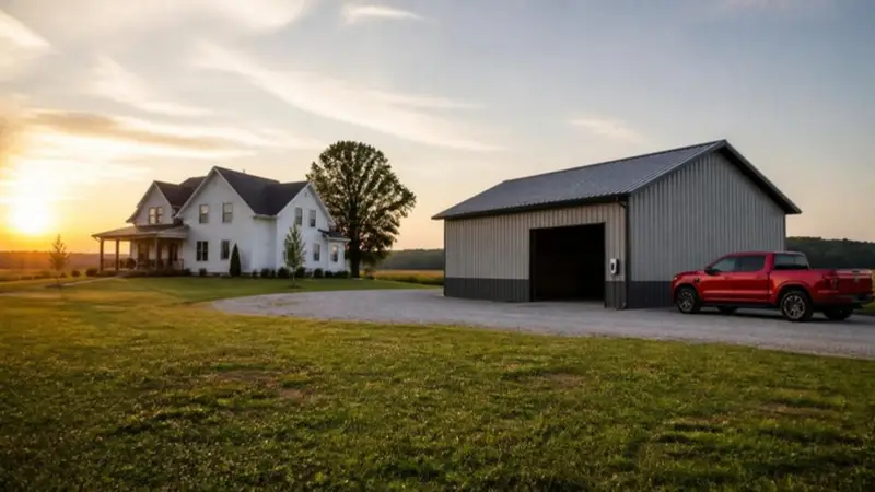 Rural property with a detached pole barn garage and an electric pickup truck