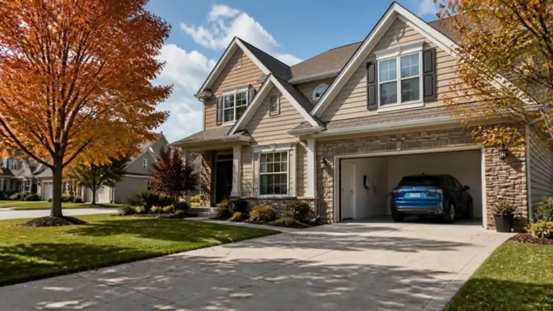 Two-story suburban home with an electric car charging in the attached garage