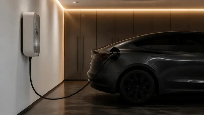 Wall-mounted charger plugged into an electric sedan in a modern garage